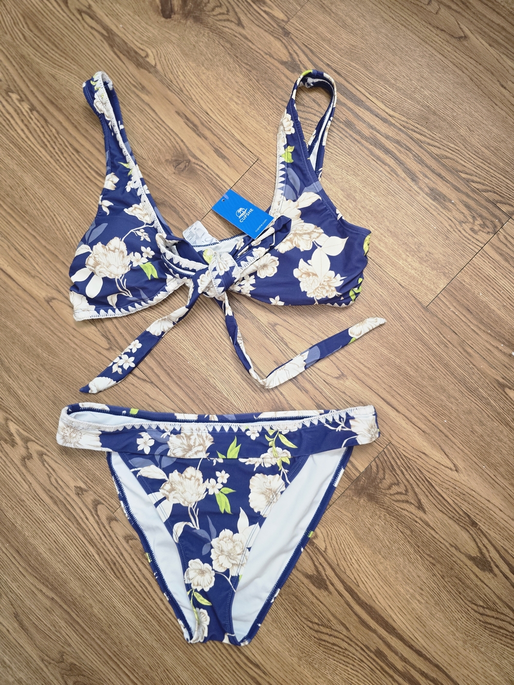 Cupshe Navy Blue Floral Tie-Front Bikini